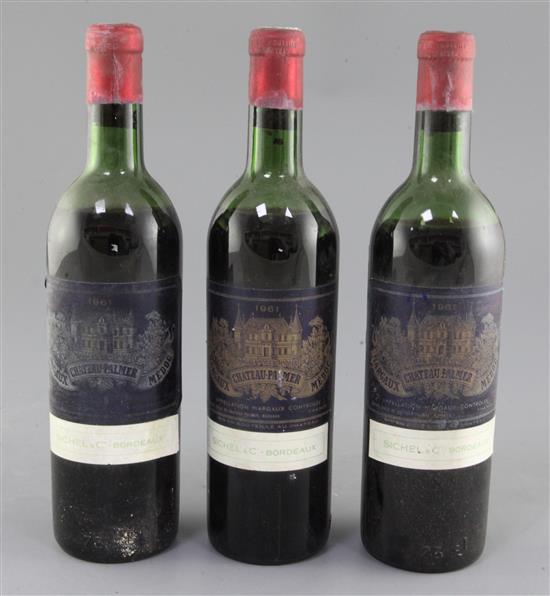 Three bottles of Chateau Palmer, Margaux, 1961.